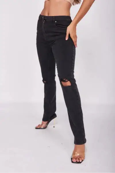 Charcoal Distressed Knee Rip Straight Leg Jeans