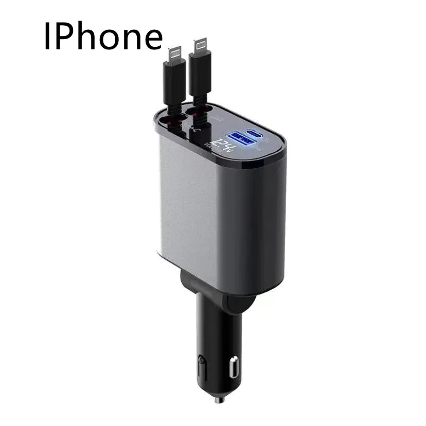 Metal Car Fast Charger with retractable wires (Usb C and IPhone)