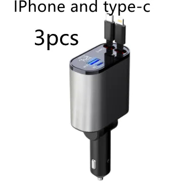 Metal Car Fast Charger with retractable wires (Usb C and IPhone)