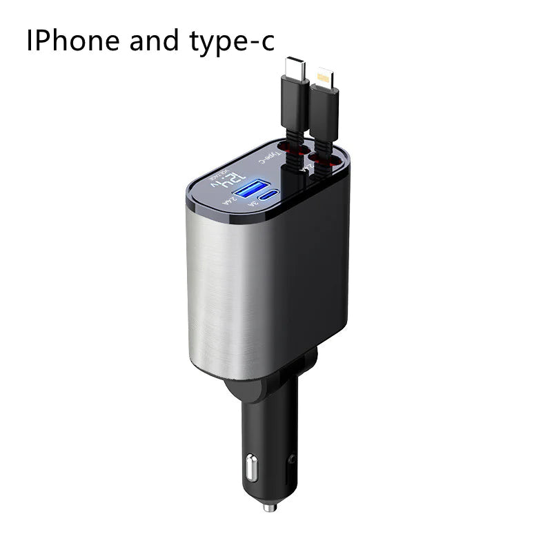 Metal Car Fast Charger with retractable wires (Usb C and IPhone)