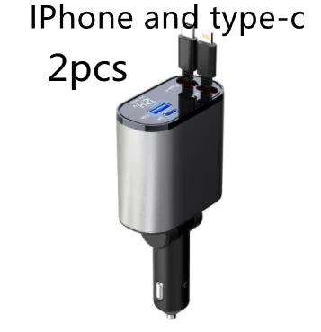 Metal Car Fast Charger with retractable wires (Usb C and IPhone)