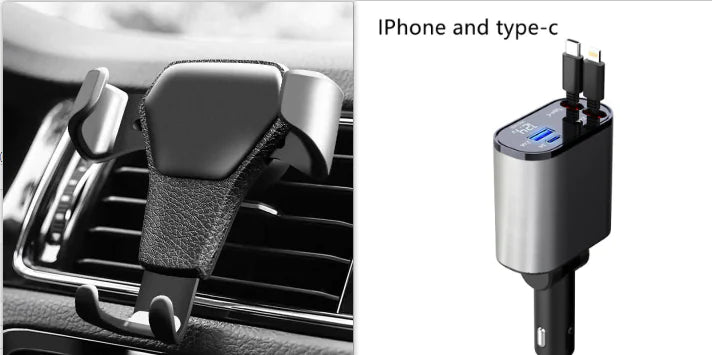 Metal Car Fast Charger with retractable wires (Usb C and IPhone)